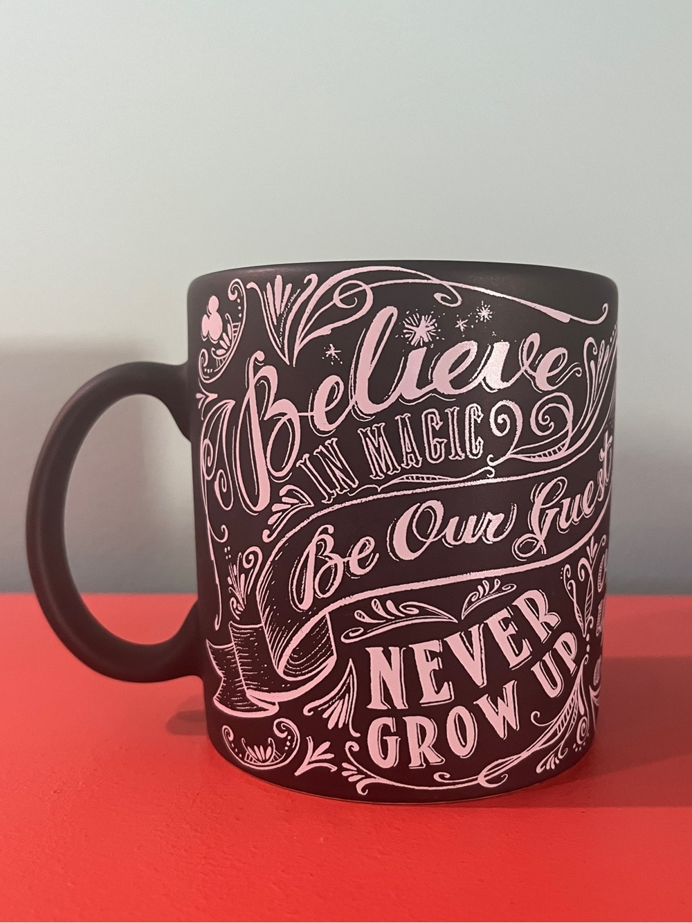 Disney Parks Chalkboard Mug Black White Believe in Magic Be Our Guest quotes